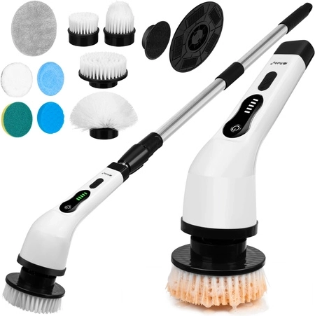Perie electrică rotativă de curățare pentru baie Ruhhy cu mâner telescopic și 9 capete, USB-C