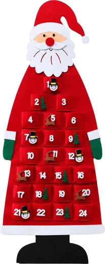Calendar de Advent din fetru, suspendat, cu Moș Crăciun și 24 de buzunare, 115 cm