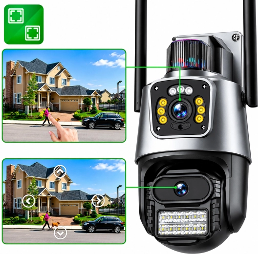 Cameră de supraveghere Wi‑Fi de siguranță, rotativă dublă, pentru utilizare în exterior și interior, cu detecție inteligentă și alarmă