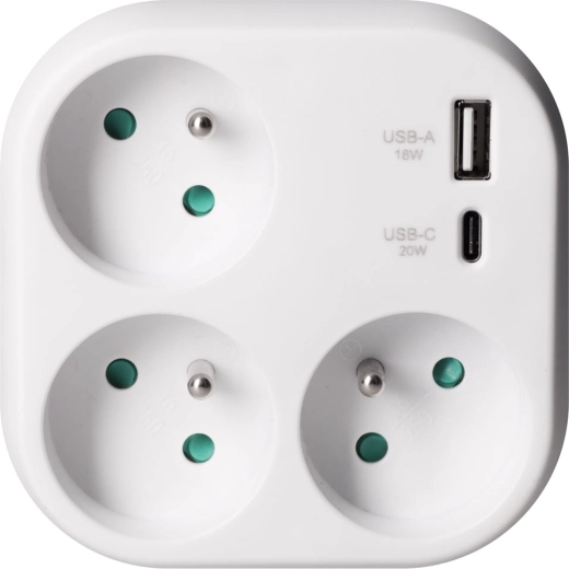 Adaptor distribuitor Solight cu 3 prize și încărcare rapidă USB de 20 W PD, alb