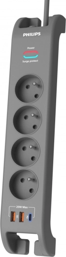 Prelungitor cu protecție la supratensiune 2 m, 4 prize, 1× USB‑C, 2× USB‑A, PD 20 W / QC 18 W, 2400 J – Philips