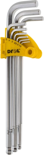Set de chei imbus lungi cu cap sferic 1,5–10 mm, 9 piese DREL