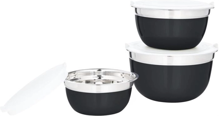 Set de 3 boluri din inox cu capac, negru