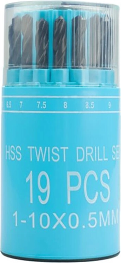 Set de burghie HSS pentru metal, 1,0–10,0 mm, 19 piese