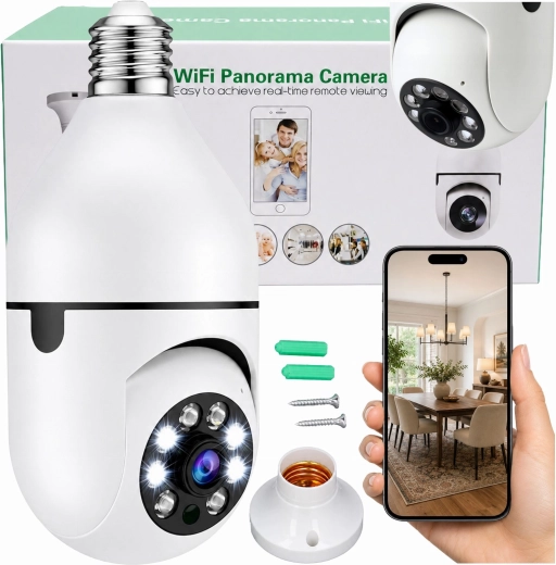 Cameră IP Wi‑Fi fără fir, în formă de bec E27, 30 W, pentru monitorizarea locuinței - 1 bucată