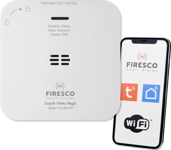 Firesco FCO-850 WF detector Wi‑Fi de monoxid de carbon (CO) pentru Tuya/Smart Life