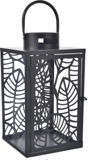 Felinar metalic cu motiv de frunze, negru, 40 cm