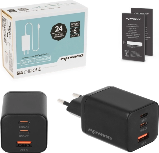 Încărcător Movano GaN 65 W 2× USB-C PD + USB-A, negru
