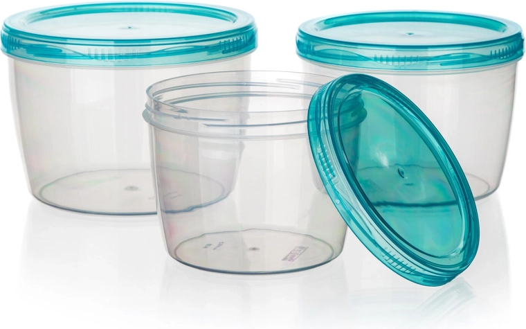Set de trei recipiente rotunde din plastic pentru alimente ACASSA (600, 880 și 1180 ml)