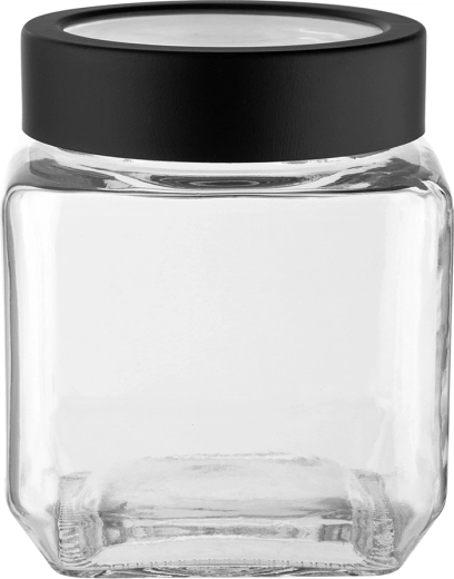 Borcan pătrat din sticlă Altom Design cu capac negru cu filet, 500 ml