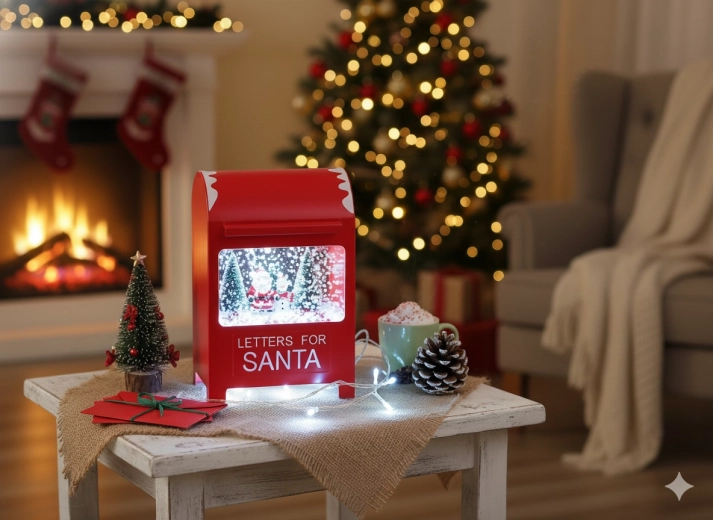 Cutie poștală de Crăciun pentru scrisorile către Moș Crăciun, cu iluminare LED și mecanism muzical