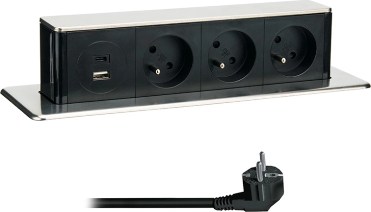 Solight bloc retractabil de prize 3× 230 V + USB-A/USB-C 20 W PD, 2 m, inox