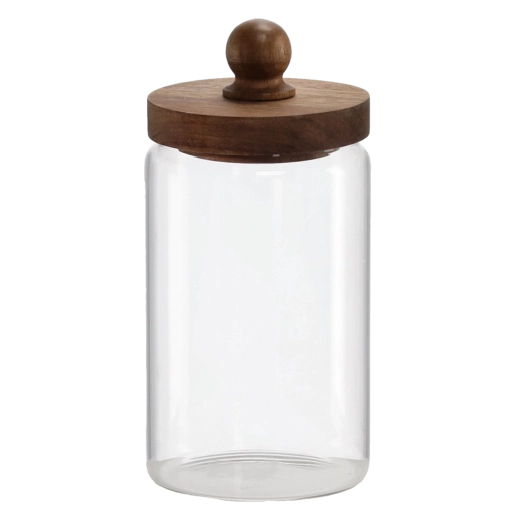 Borcan din sticlă 1 l cu capac din lemn și linguriță