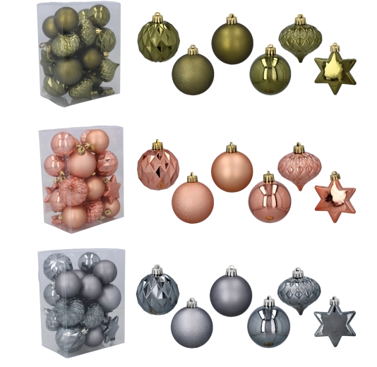 Set de 23 ornamente de Crăciun în culori măsliniu, cupru și grafit
