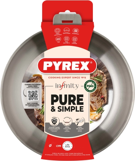 Tigaie Pyrex Infinity 20 cm din oțel inoxidabil, cu mâner detașabil