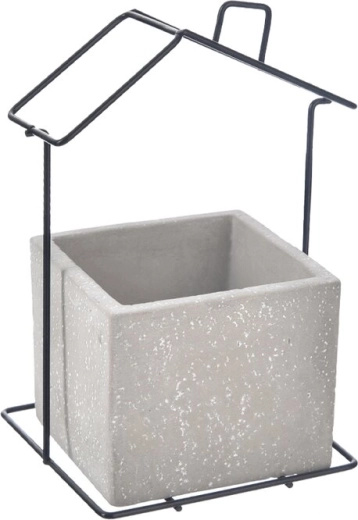 Ghiveci decorativ din beton și metal în formă de căsuță, gri