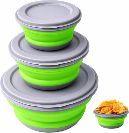 Set de 3 boluri pliabile din silicon cu capace pentru mâncare