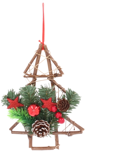 Decorațiune de Crăciun suspendată din lemn în formă de brad cu conuri, 25 cm