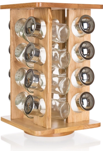 Set de condiment BRILLANTE cu borcane din sticlă și suport rotativ din lemn, 16 buc.