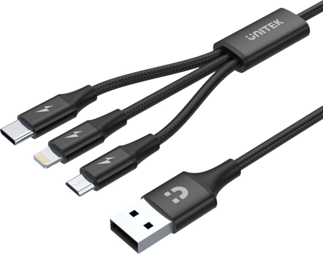 Cablu de încărcare Unitek USB-A 3 în 1 (USB-C/Micro USB/Lightning) negru