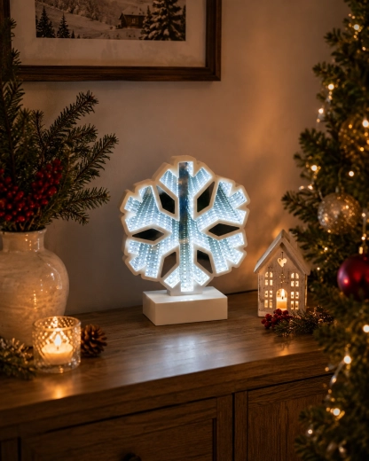 Decorațiune de Crăciun 3D – fulg de zăpadă cu efect de oglindă infinită Infinity LED - 1 buc