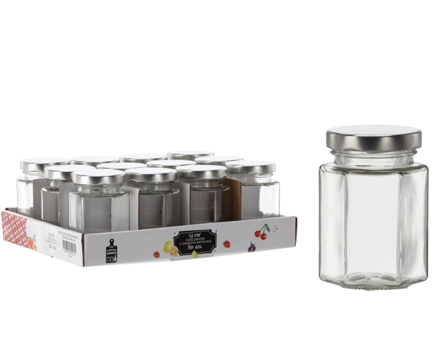 Borcan hexagonal 110 ml cu capac metalic