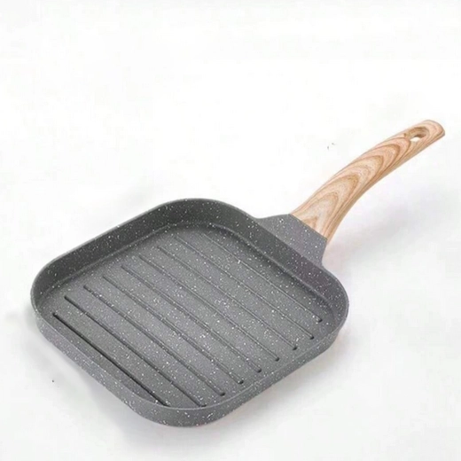 Tigaie grill pătrată cu suprafață antiaderentă și aspect de lemn al mânerului