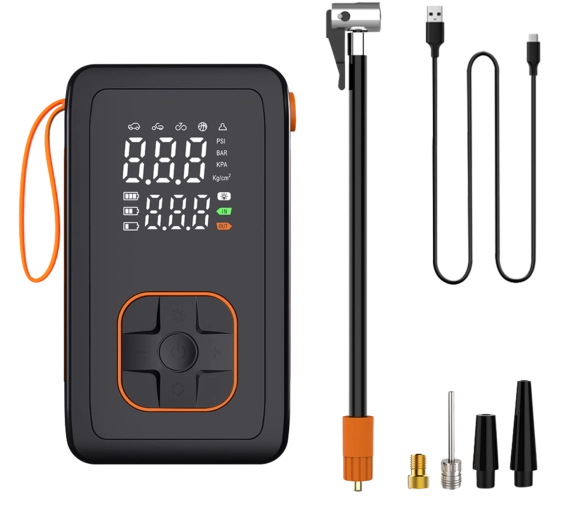 Pompă de aer portabilă cu acumulator și powerbank 7,4 V pentru mașină, bicicletă și mingi