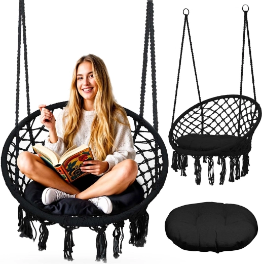 Scaun suspendat boho negru cu pernă