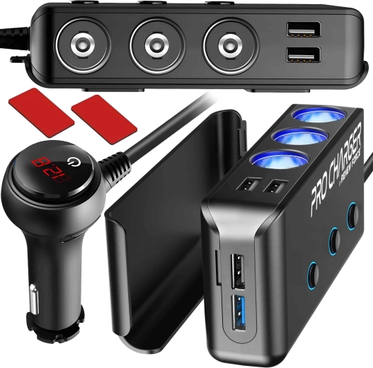 Splitter pentru priza brichetei auto 200 W cu 3 prize și 4× USB (QC 3.0 + PD) cu voltmetru digital - 1 bucată