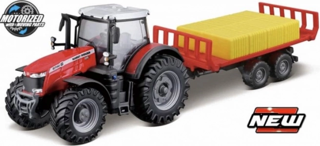 Bburago tractor de fermă 10 cm Massey Ferguson 8740S cu remorcă pentru baloți