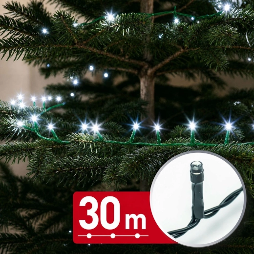 Ghirlandă luminoasă LED de 30 m, 600 LED-uri, lumină albă rece, cu cablu verde