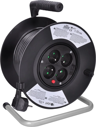 Prelungitor Solight pe tambur cu 4 prize, 25 m, cablu negru