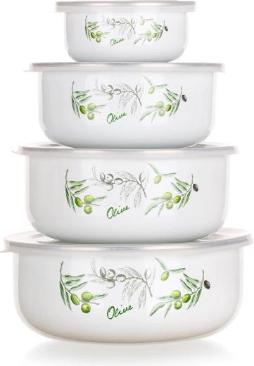 Set de boluri smălțuite cu capace OLIVES, 4 buc (10–18 cm)