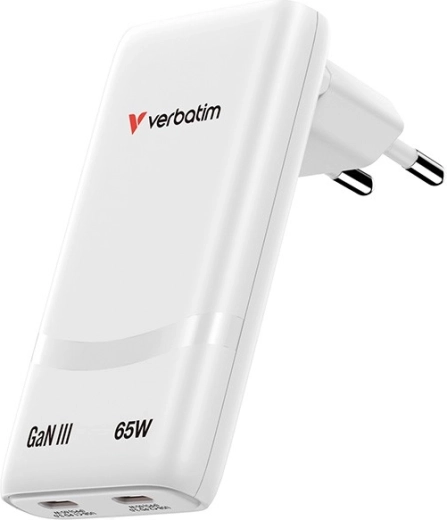 Încărcător Verbatim Fold n Go GaN 65 W, 2× USB‑C (PD 3.0, PPS), alb