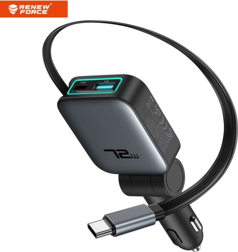 Încărcător auto Renew Force 3în1 72 W cu cablu retractabil USB-C (75 cm) - 1 bucată