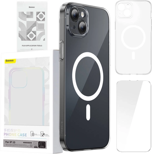 Carcasă Baseus Magnetic Crystal Clear pentru iPhone 13 cu sticlă temperată și set de curățare