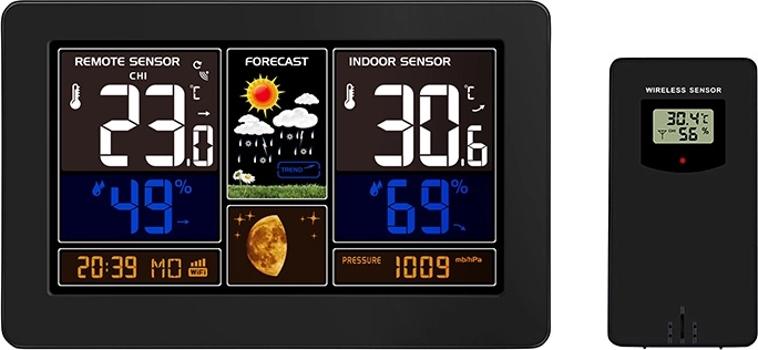 Stație meteo Wi‑Fi inteligentă Solight cu afișaj LCD color și aplicația Smart Life, neagră
