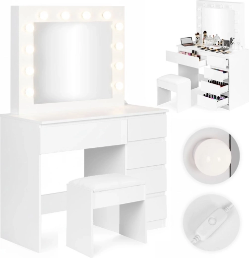 ModernHome măsuță de toaletă cosmetică cu oglindă și iluminare LED, 5 sertare și taburet