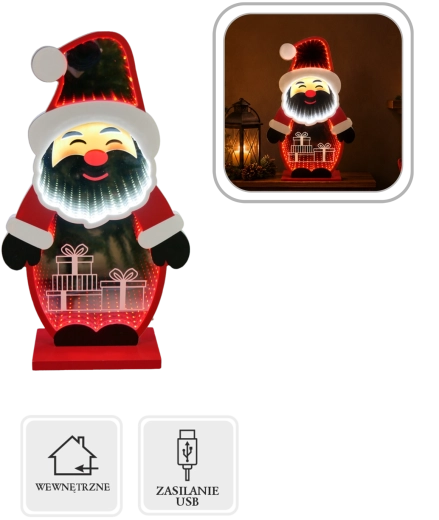 Decorațiune de Crăciun 3D cu Moș Crăciun, efect de oglindă infinită și LED
