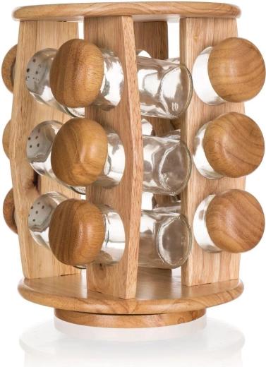 Set de recipiente pentru condimente BRILLANTE din sticlă și lemn cu suport rotativ, 12 buc.