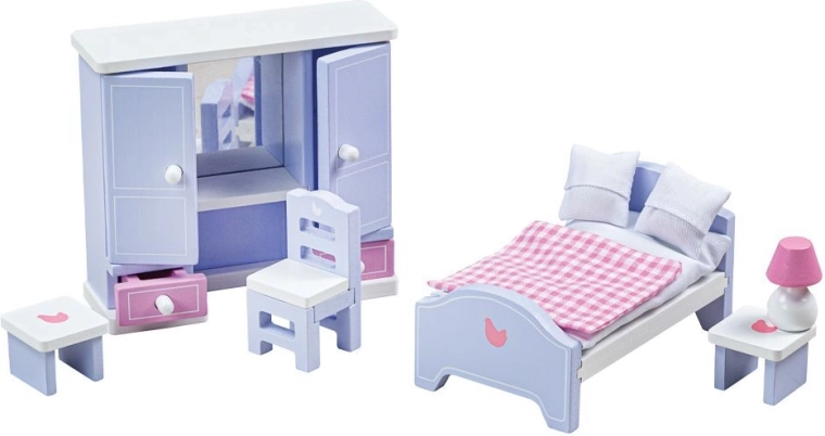 Tidlo dormitor din lemn pentru casa de păpuși în culori pastel mov‑albastru