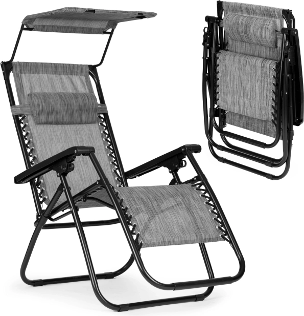 Scaun de grădină/plăjă pliabil și reglabil cu copertină, gri