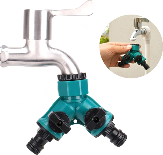 Distribuitor în Y pentru robinet, cu 2 căi 1/2" și 3/4" pentru furtunuri de grădină, cu supape de închidere