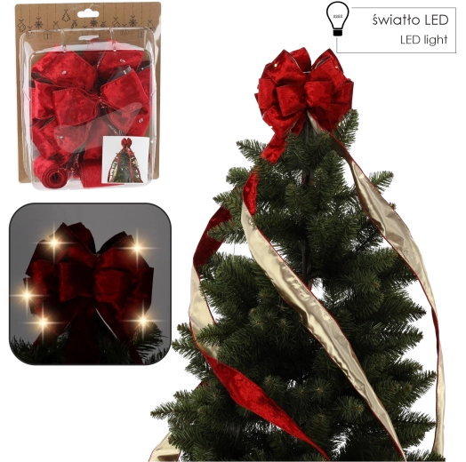 Fundă roșie de catifea pentru vârful bradului cu iluminare LED 1,8 m