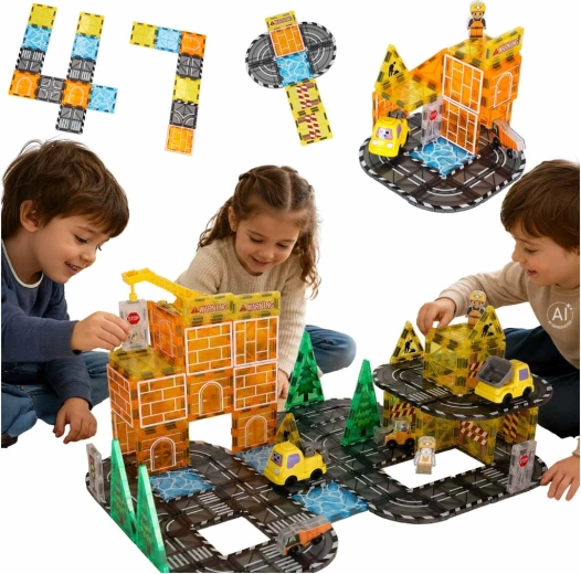 Cuburi de construcție magnetice 3D – șantier și utilaje de construcții (92 piese)