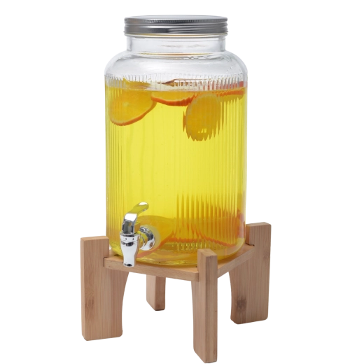 Dozator de băuturi din sticlă 5,5 l cu suport din lemn și capac argintiu