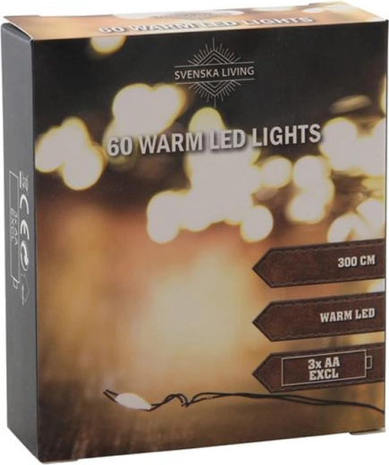 Ghirlandă luminoasă 60 LED lumină albă caldă 3 m negru pe baterii