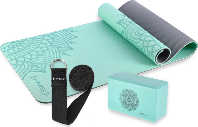 Set de yoga HMS mentă – saltea, bloc și curea
