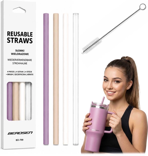 Berdsen paie din plastic reutilizabile pentru cană – set 4 buc + perie de curățare